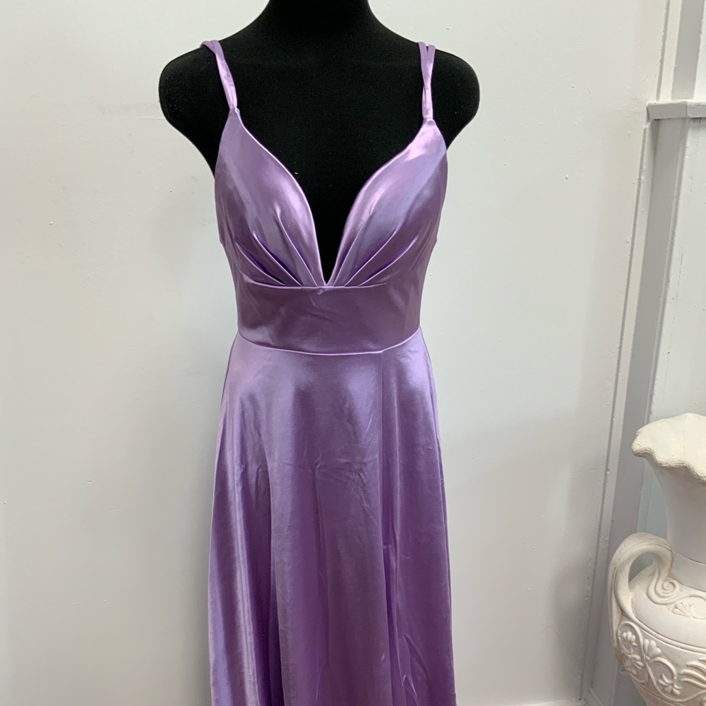 Satin maxi dress , strappy back snd low neck line - lavender